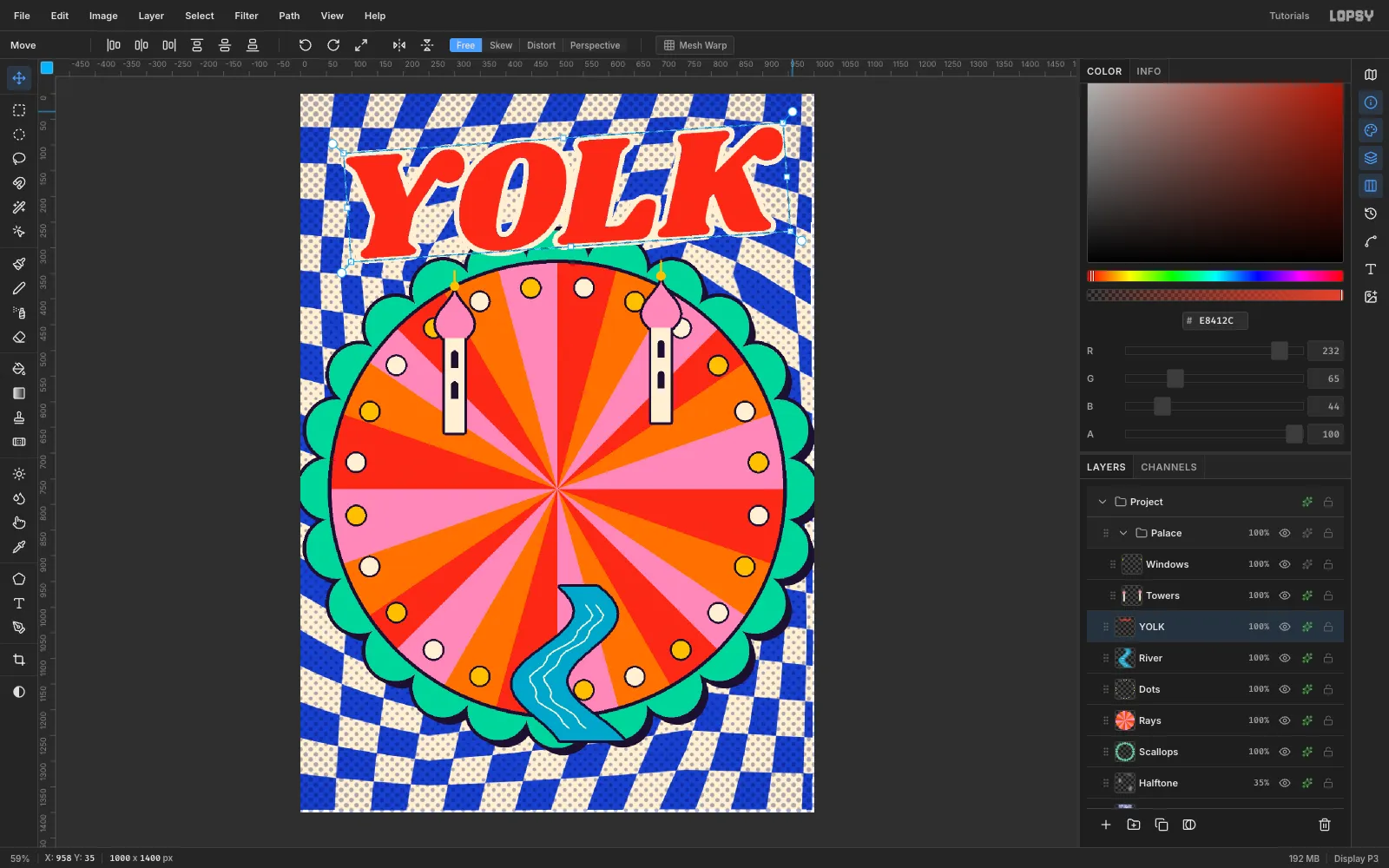 The YOLK masthead in Shrikhand with a cream outline, mid-rotation inside the Move tool's transform box