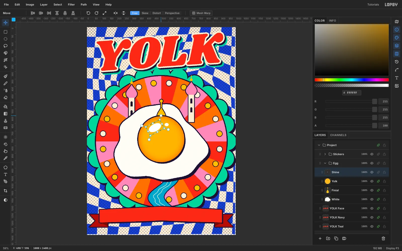 Two white highlight ellipses on the yolk inside a rotated transform box