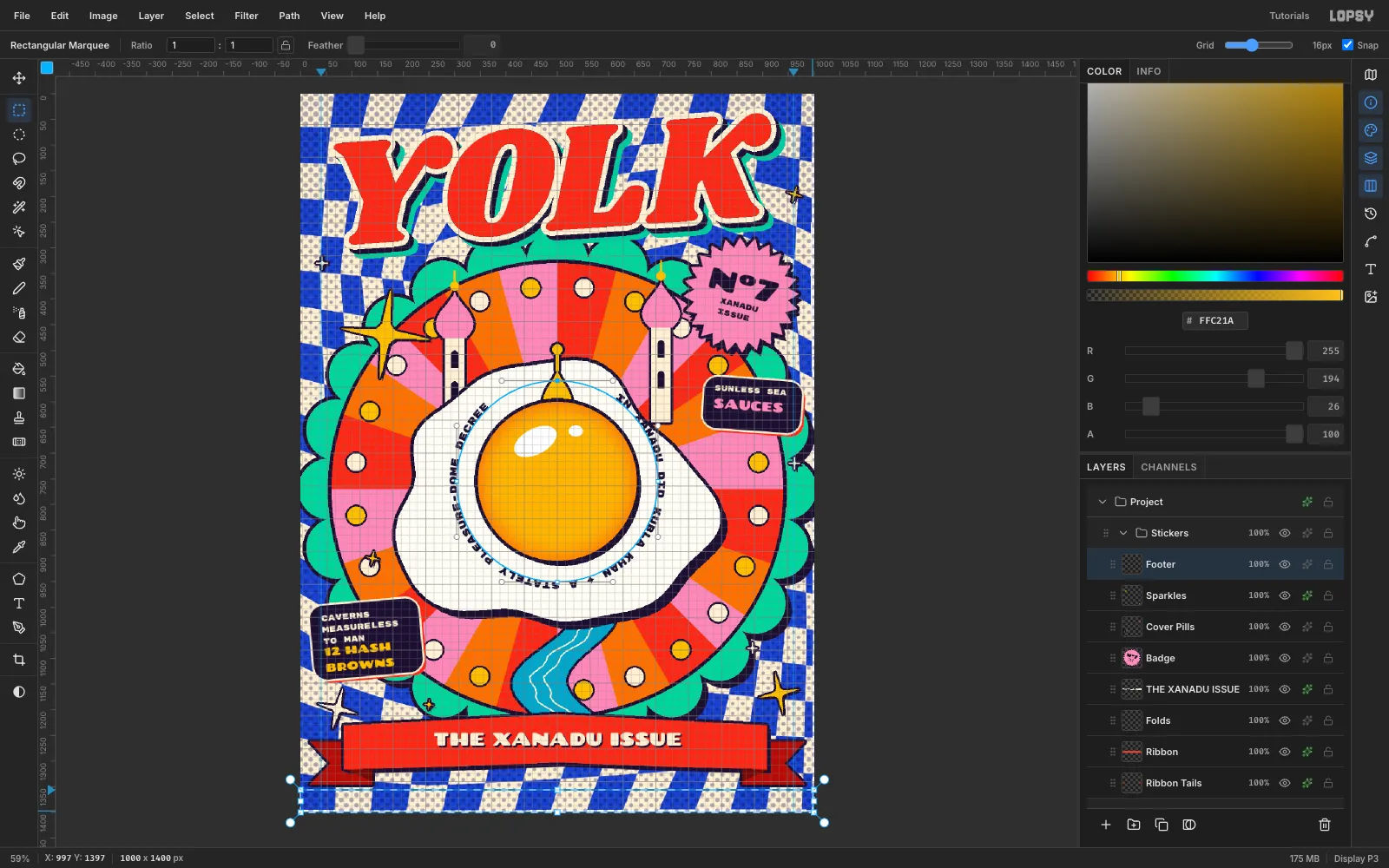 View Show Grid on with a 16 pixel grid, ruler guides at x 40 and x 960, and a full-width marquee snapped along the bottom edge for the footer bar