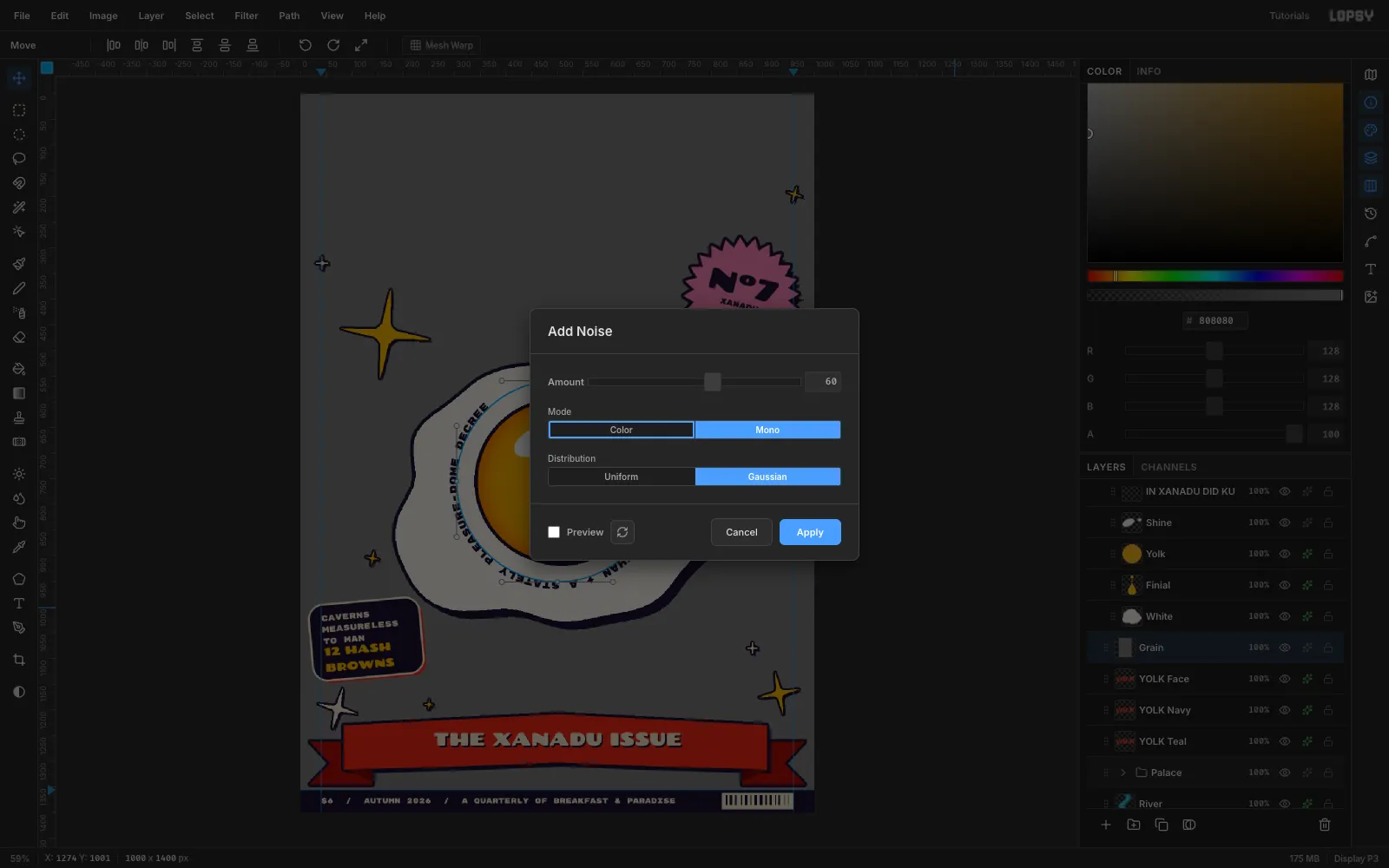 The Add Noise dialog with Mono and Gaussian selected and Amount 60, previewing on a mid-grey layer