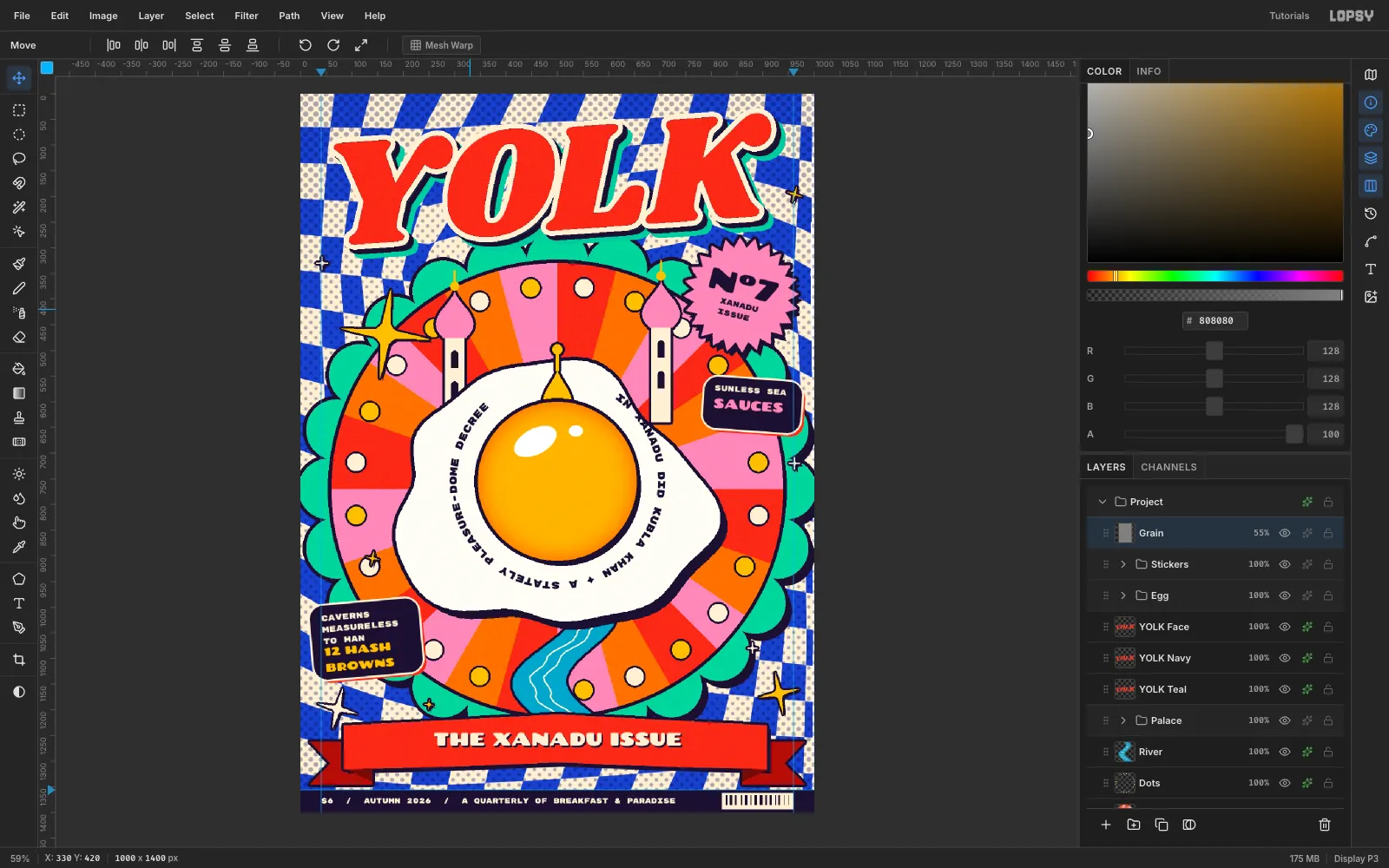 The finished YOLK zine cover in the Lopsy editor with every layer group collapsed in the Layers panel