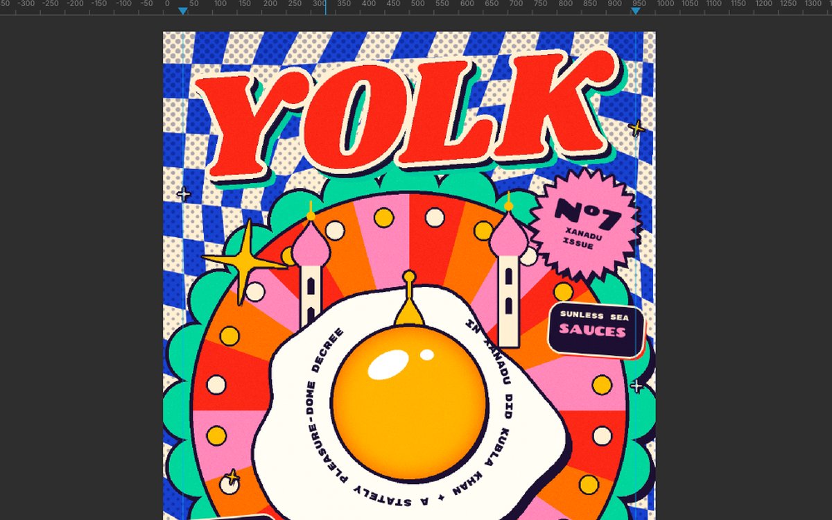 Lopsy showing the Yolk zine cover, with a red YOLK masthead over a swirling blue checkerboard and a fried egg with an onion-dome finial on a striped sunburst