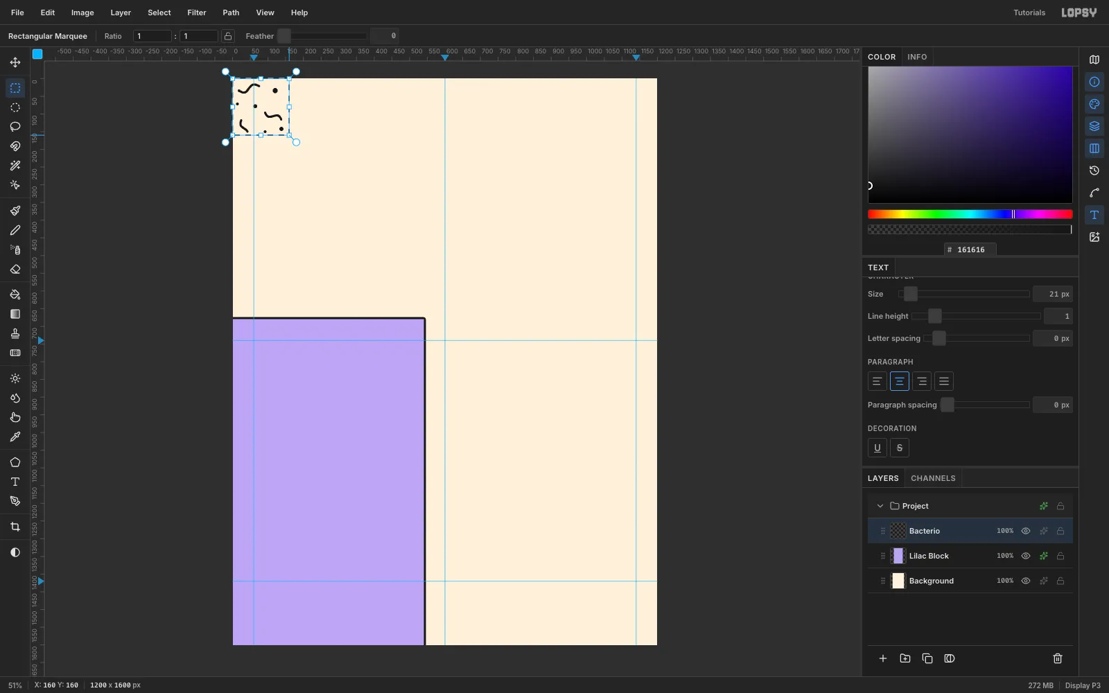 Black squiggles and dots drawn in the top-left 160 × 160 corner of a new layer, with a marquee around the tile