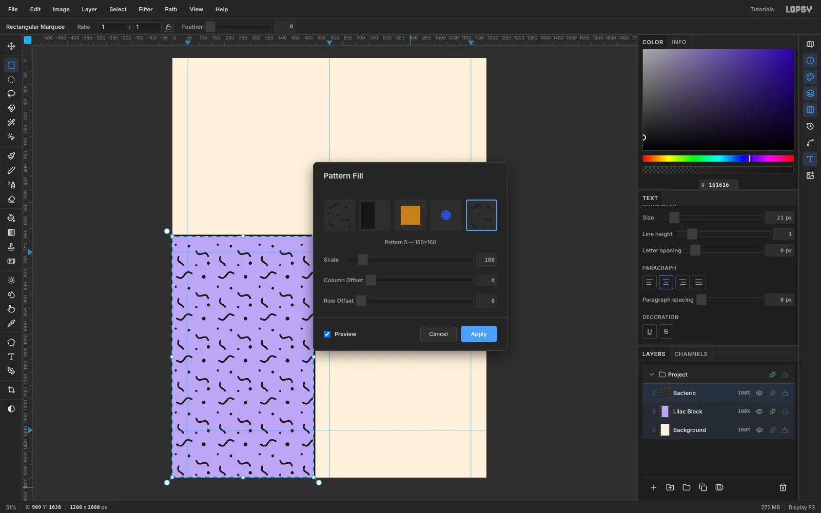 The Pattern Fill dialog previewing the squiggle tile across the lilac block