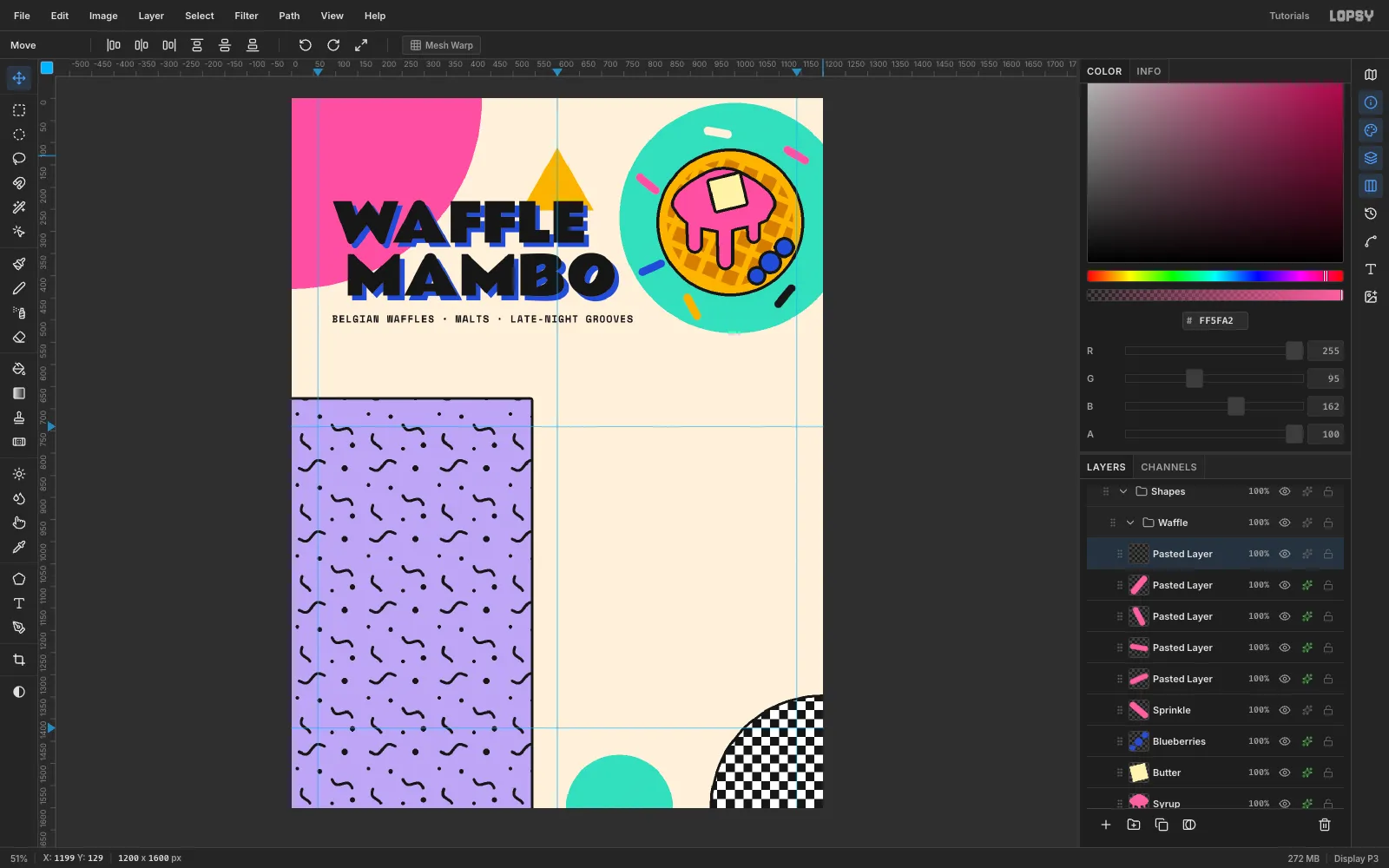 Pink, cream, cobalt, mustard and black sprinkles rotated at different angles around the waffle