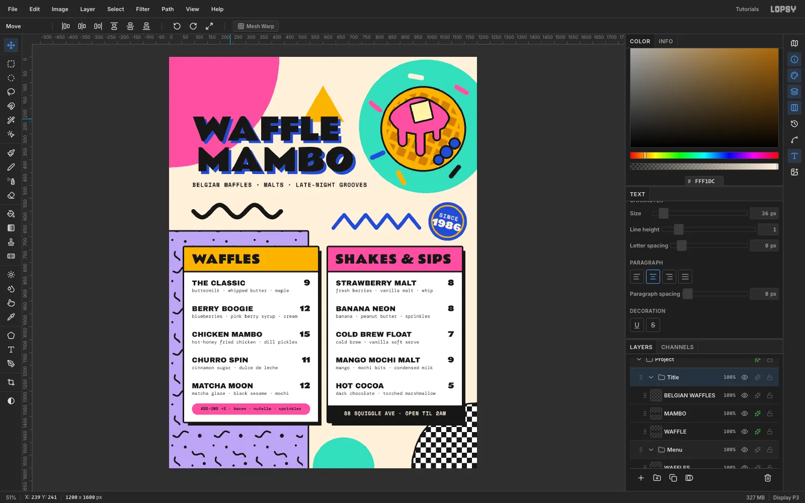 The finished Waffle Mambo menu in the Lopsy workspace with the Title, Menu and Shapes groups in the Layers panel