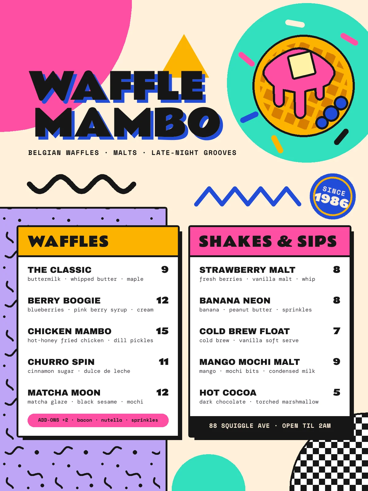 The finished Waffle Mambo menu. A chunky black WAFFLE MAMBO headline with a cobalt offset shadow sits over a hot-pink quarter circle and a mustard triangle. A waffle with pink syrup, butter and blueberries sits in a mint circle ringed with sprinkles. Below, a Waffles card and a Shakes & Sips card with yellow and pink header bands sit on a lilac squiggle-print block, with a checkerboard quarter circle and a blue SINCE 1986 badge.