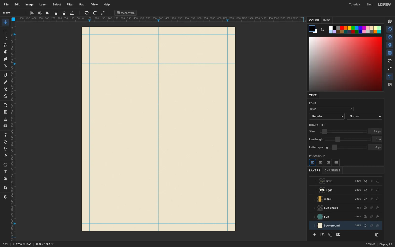 A new 1200 by 1600 pixel document filled with warm cream, with blue guides marking a 60 pixel margin, the centre line and a line where the artwork starts below the masthead