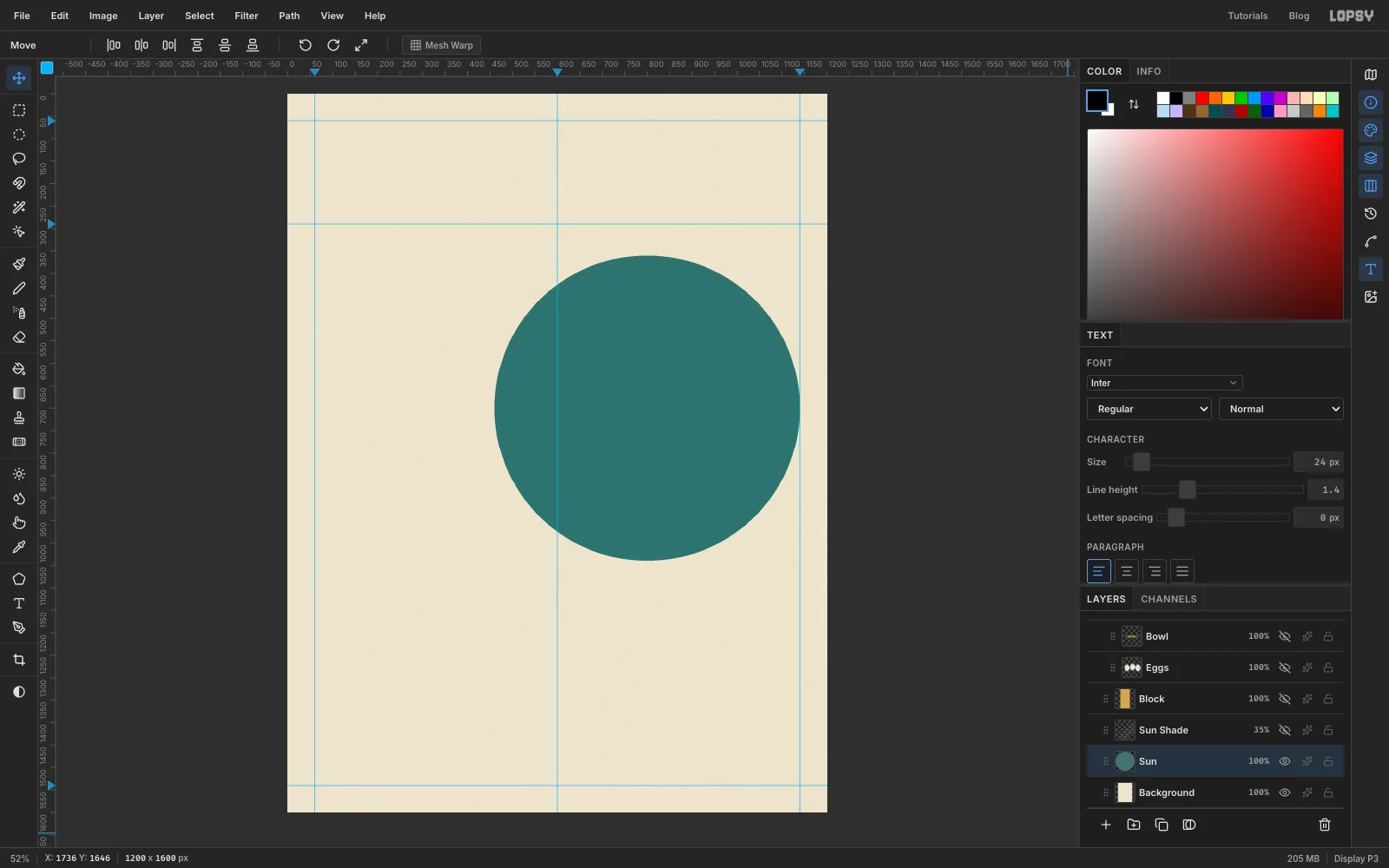 A large flat teal circle on the right half of the page, its right edge touching the right margin guide