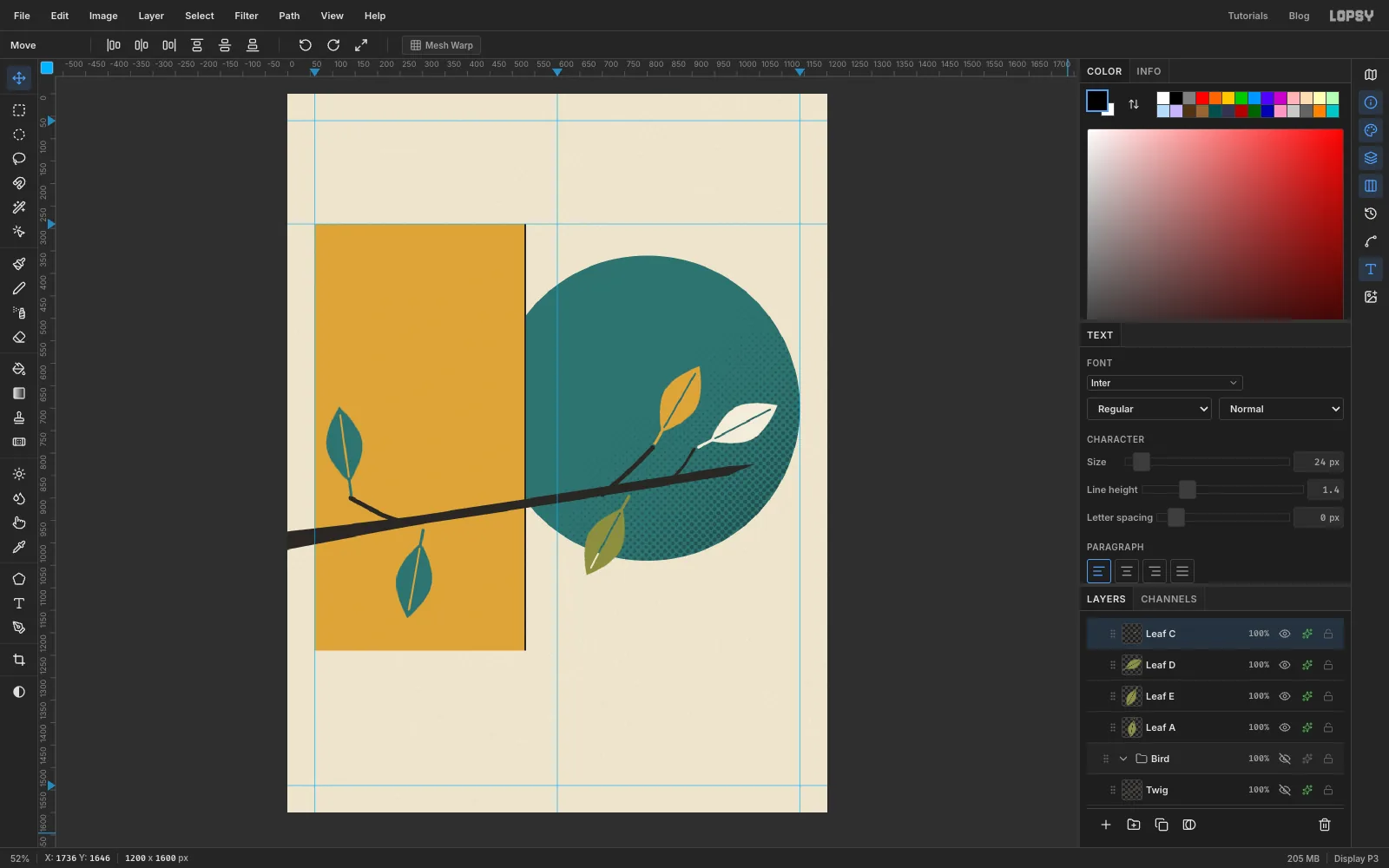 Four more leaves on the twigs: a teal one at the far left, a mustard and a cream one pointing up and right over the sun, and an olive one hanging down near the bottom of the sun