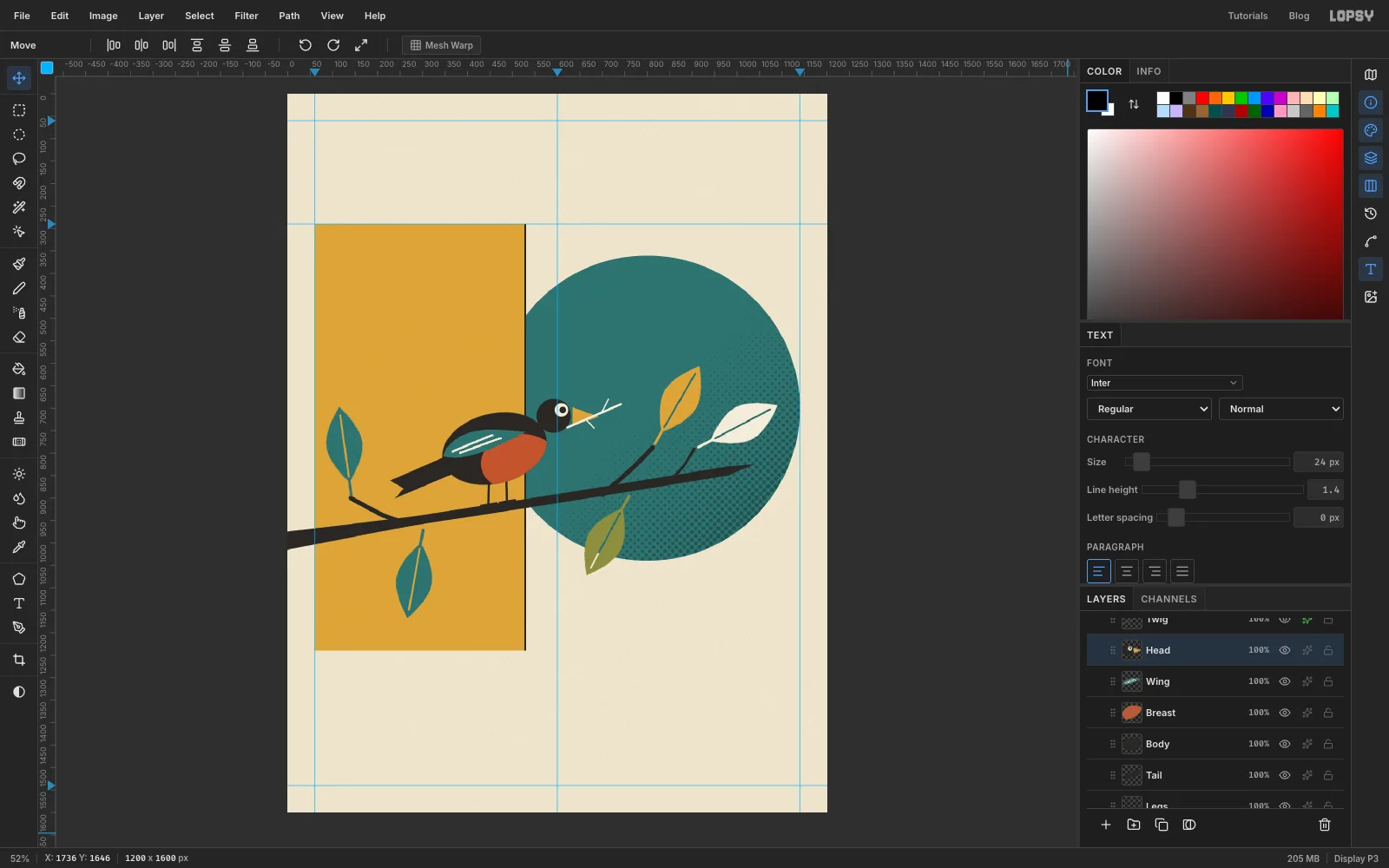 The robin finished: a teal wing with two cream feather lines, a round charcoal head with a ringed eye, a mustard beak holding a cream twig, and thin legs gripping the branch