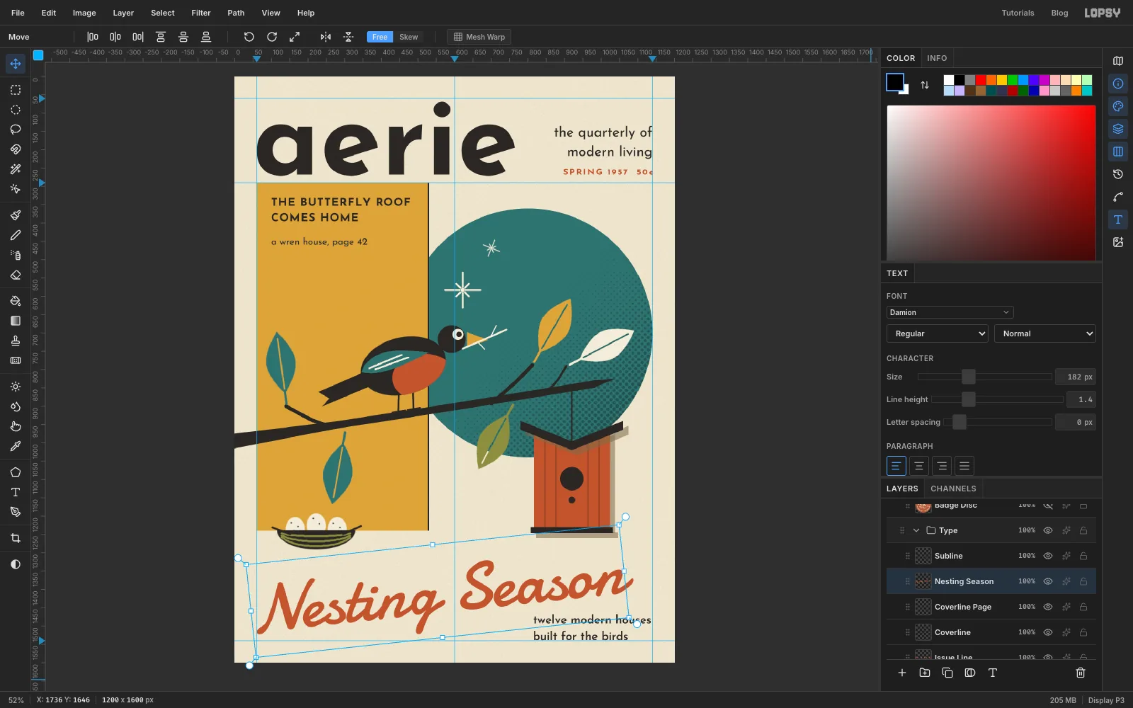 Nesting Season in a big orange brush script, tilted up to the right across the bottom of the page, with a two-line subline under the end of the script
