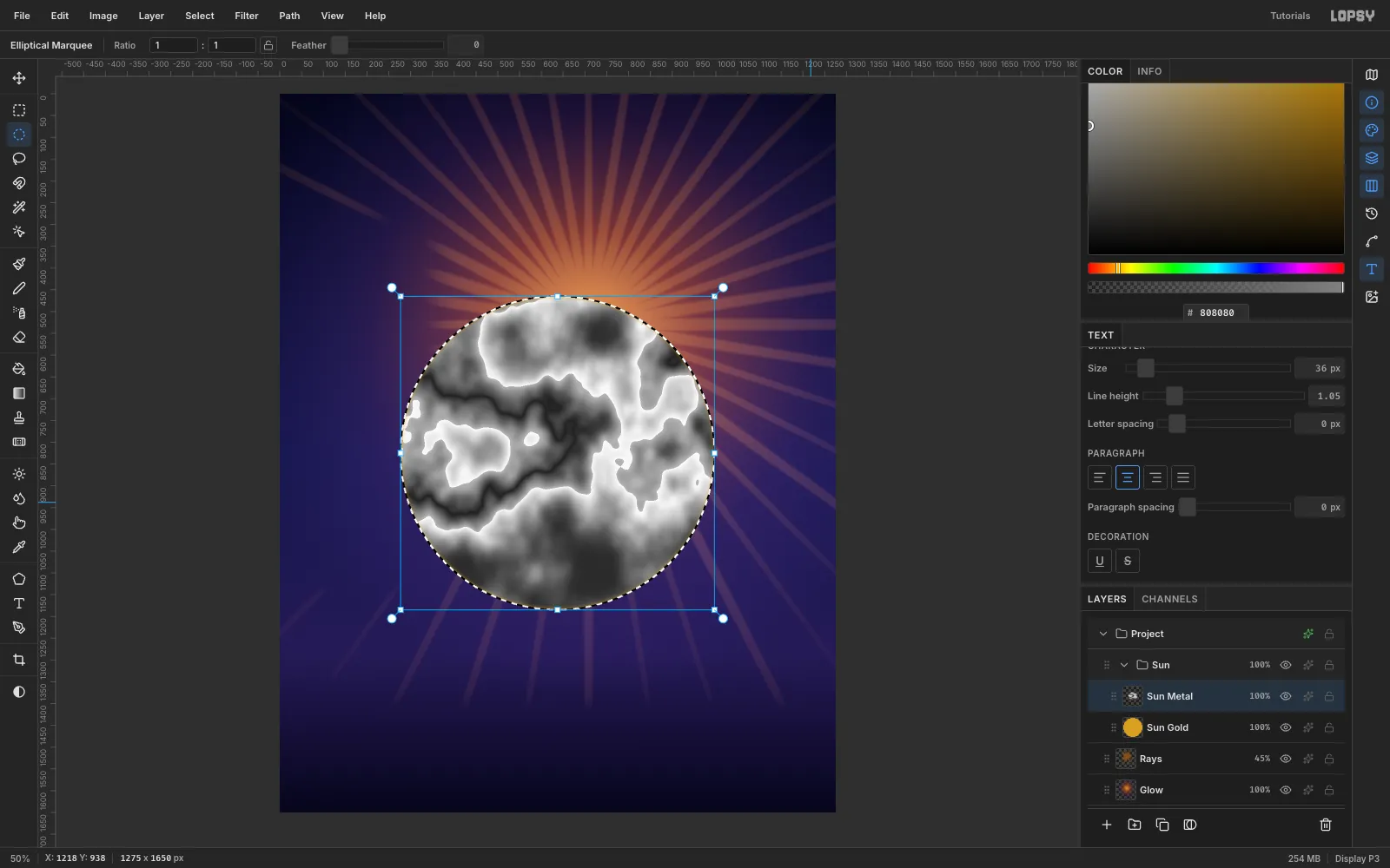 A grey circle of solarized cloud texture with sharp black and white folds, the elliptical marquee still active