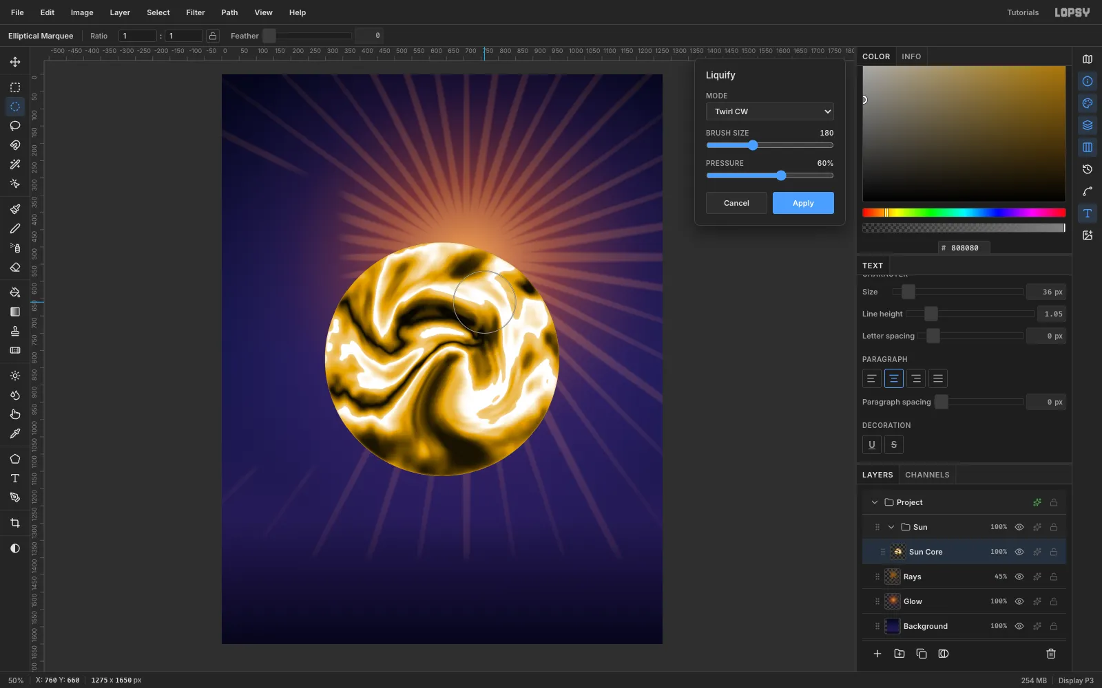 The Liquify panel in Twirl mode with the gold sphere's bands swirled into a spiral