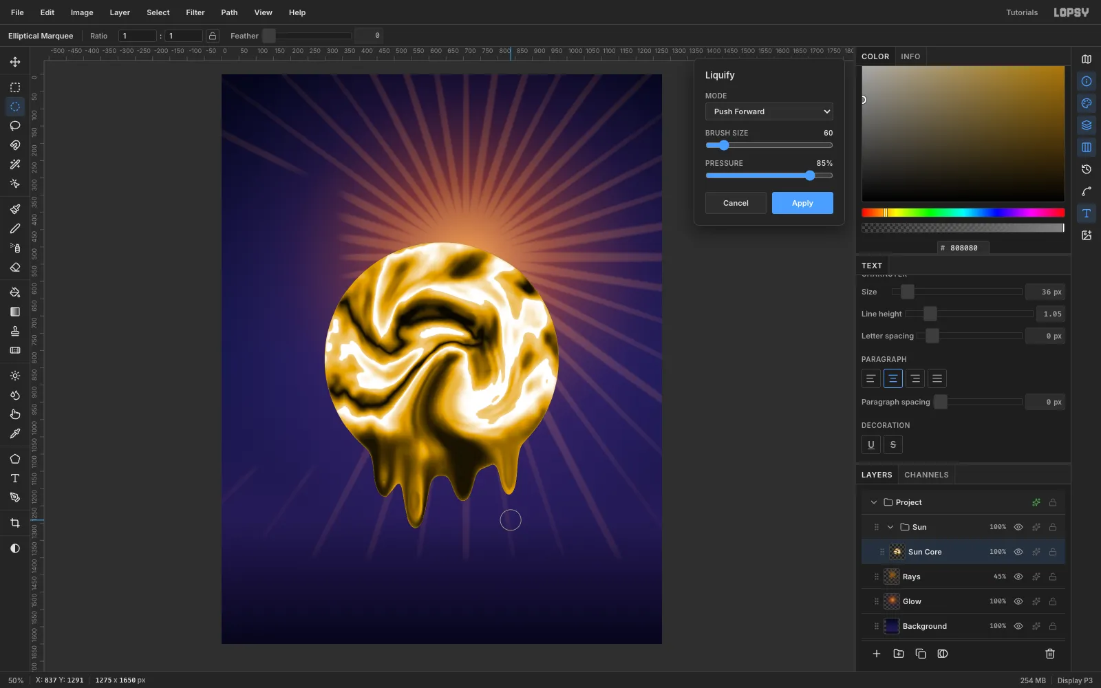 The Liquify panel in Push Forward mode with four long drips pulled down from the bottom of the gold sphere