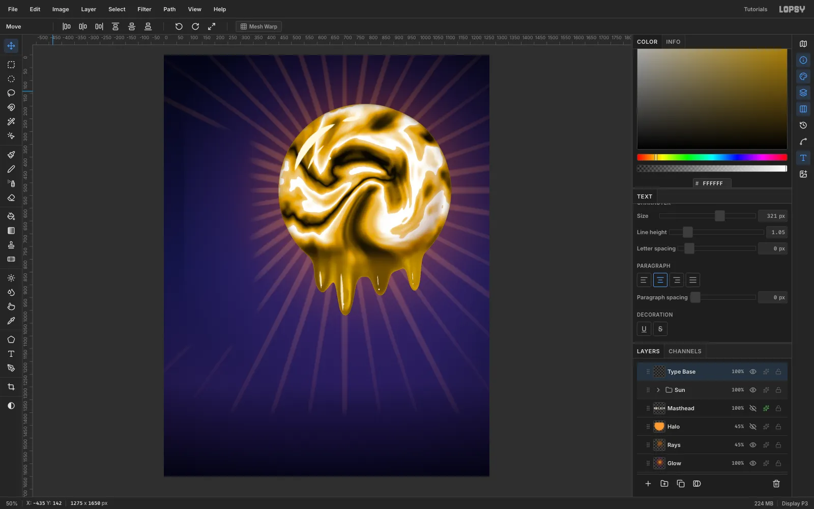 The finished gold sun with rim shading, sharp curved window highlights at the upper left and glossy streaks down each drip