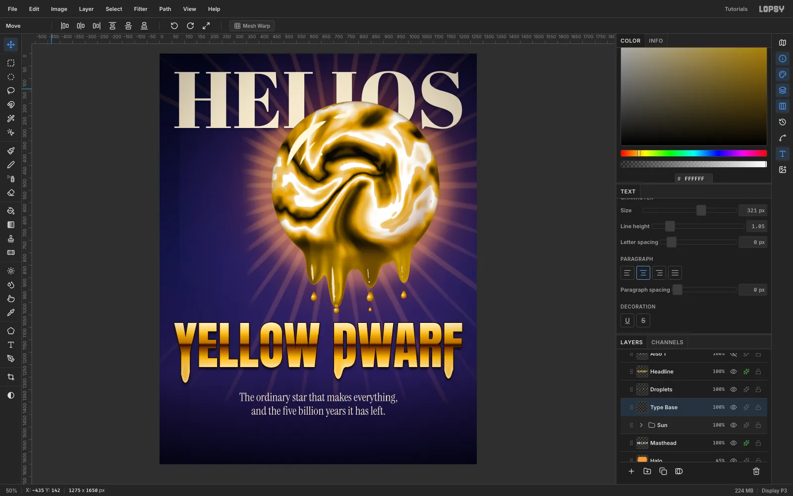 YELLOW DWARF in tall Anton capitals with a gold chrome gradient and horizon band, drips on the Y, D and F, above a two-line serif deck
