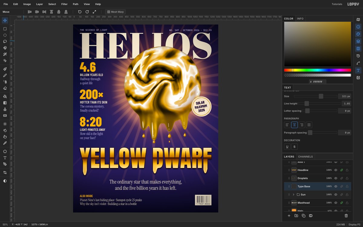 Lopsy editor showing the finished HELIOS magazine cover with a melting liquid-gold sun above the gold headline YELLOW DWARF