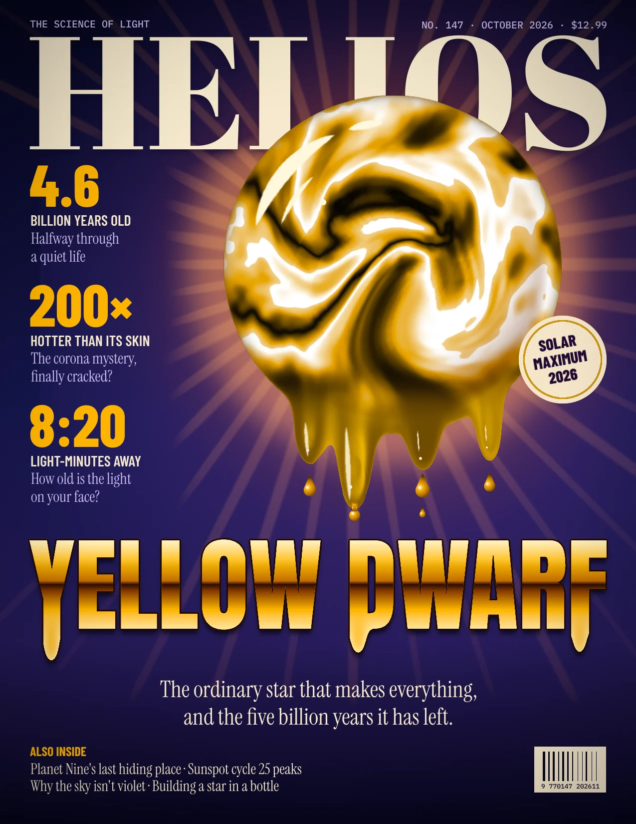 Finished HELIOS magazine cover, a swirling liquid-gold sun dripping molten drops onto the chrome headline YELLOW DWARF on a deep indigo sunburst background