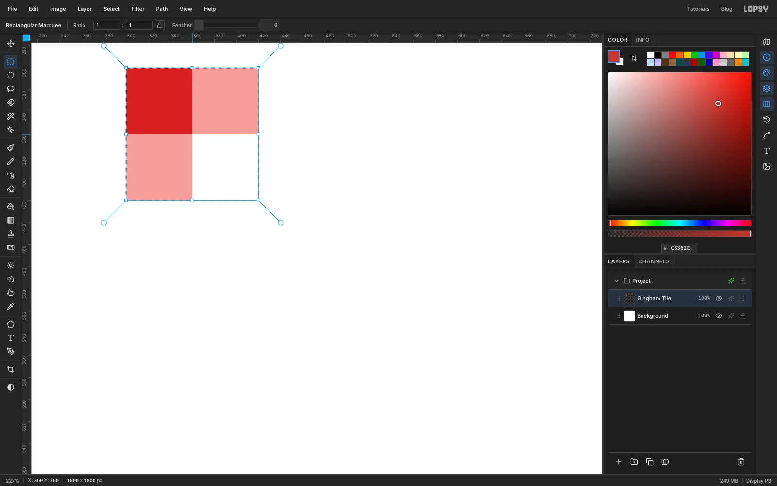 A 120 pixel gingham tile, one dark red square, two pale red squares and one white square, with a selection around it at high zoom