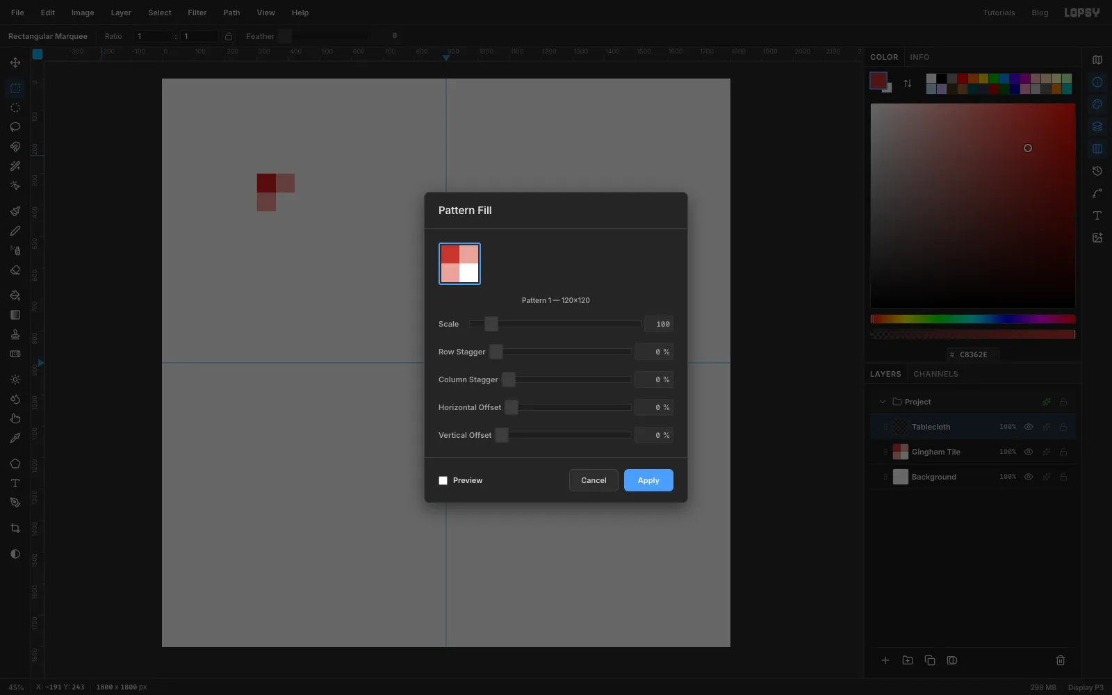 The Pattern Fill dialog showing the gingham tile as Pattern 1 at 120 by 120, Scale 100, with the tile on the canvas behind