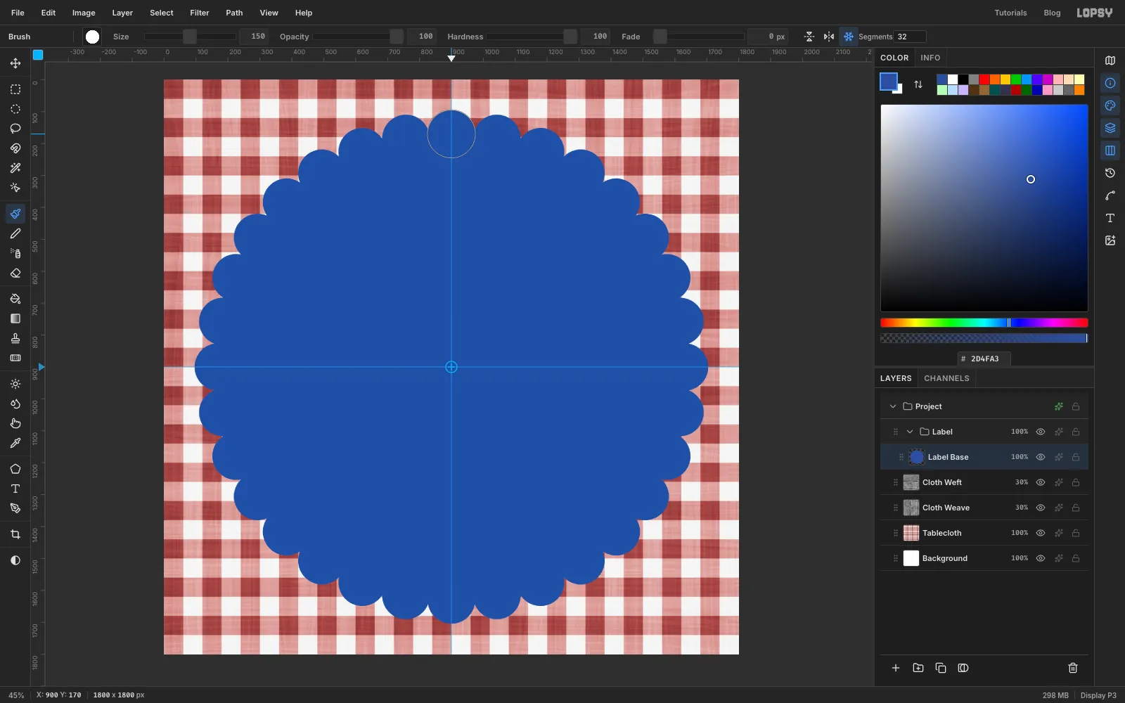 A cobalt disc with 32 round scallops around its edge on the gingham, the radial symmetry centre marked in the middle