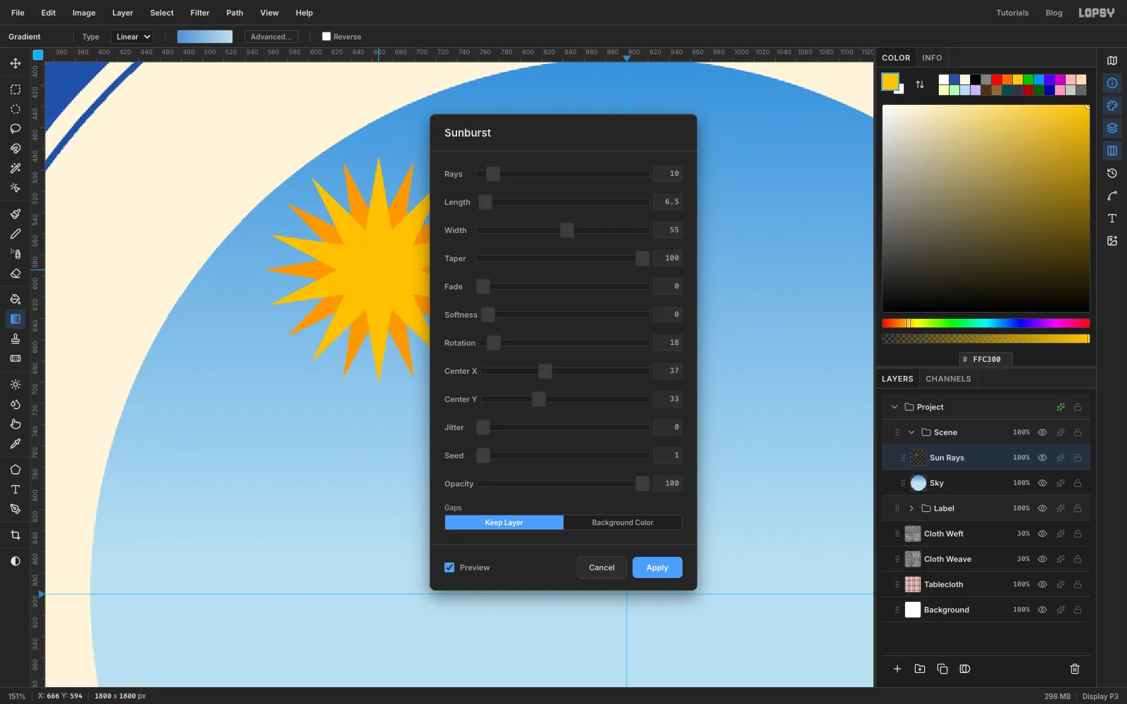 The Sunburst dialog with 10 rays, Length 6.5, Width 55, Taper 100 and Rotation 18, previewing yellow rays between orange ones