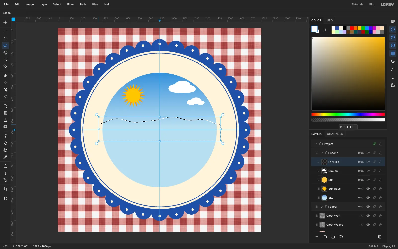 A lasso selection tracing a rolling ridge line across the sky circle, with the sun and clouds above it