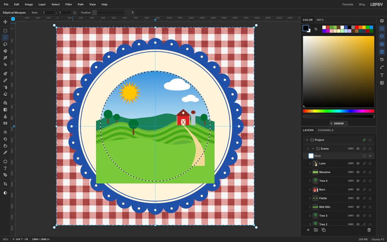 The Scene group with a mask in edit mode and an inverted circular selection around the painted scene