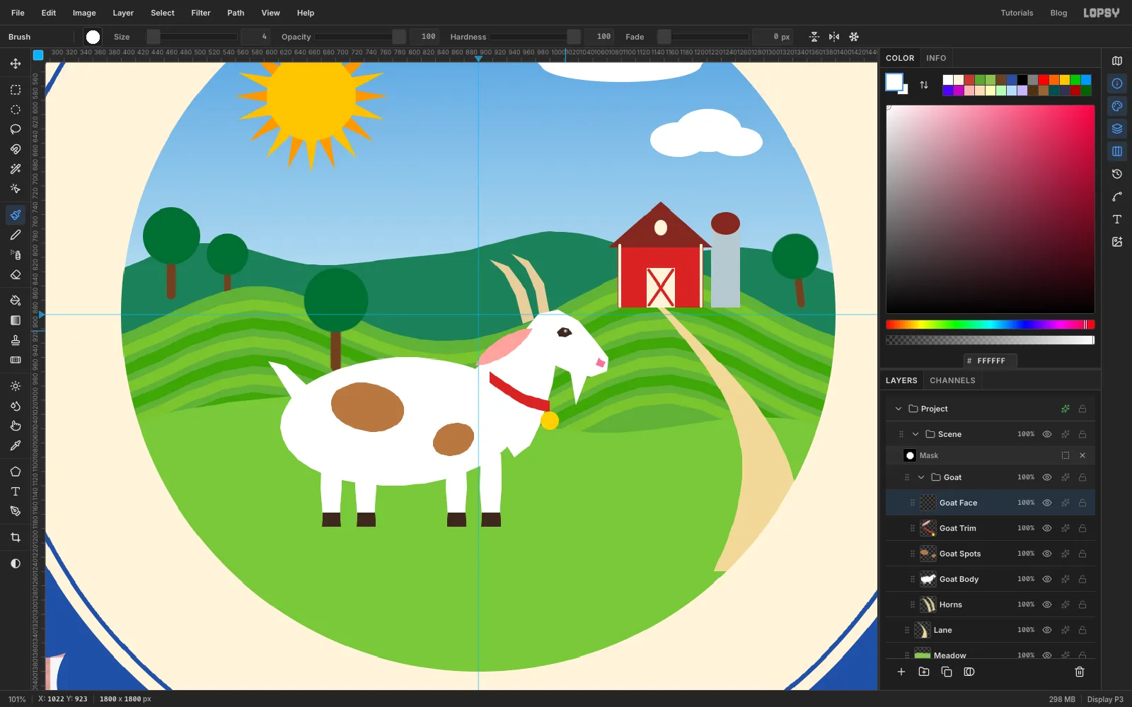 The flat white goat with brown spots, a pink drooping ear, a red collar with a yellow bell, a dark eye and hooves