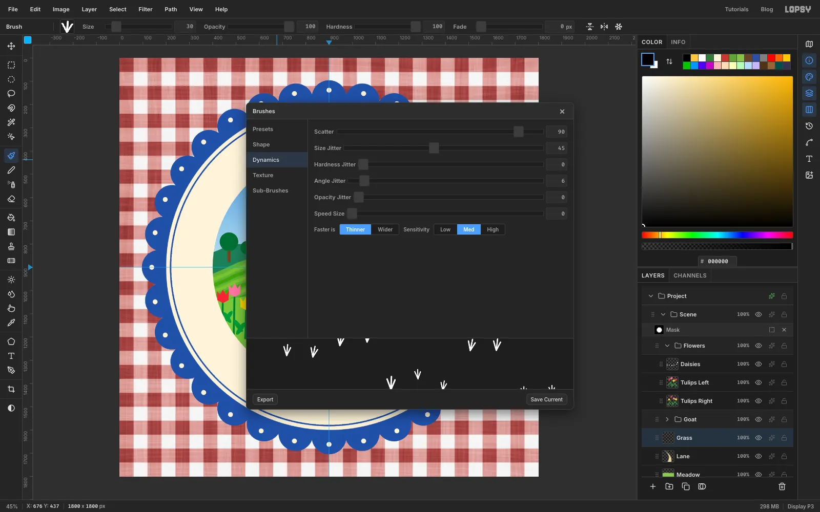 The Brushes modal on the Dynamics tab with Scatter 90, Size Jitter 45 and Angle Jitter 6, previewing scattered grass tufts