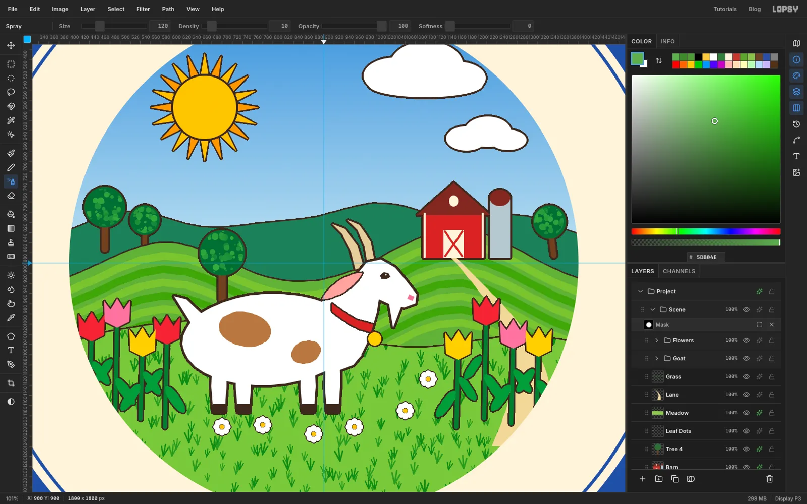 The scene with a dark brown outline around the sun, clouds, hills, trees, barn, goat, tulips and daisies