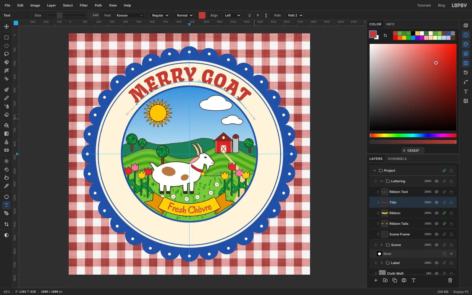 MERRY GOAT in red Kavoon letters arched over the top of the cream ring, following a pen path