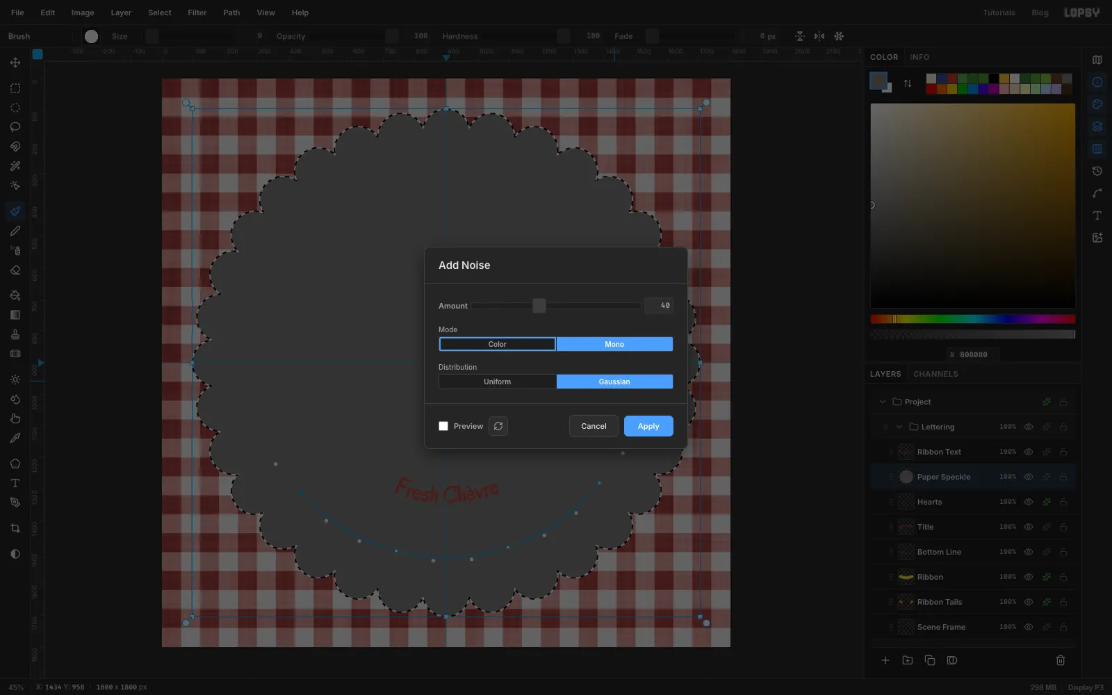 The Add Noise dialog set to Amount 40, Mono and Gaussian over a grey fill in the shape of the label