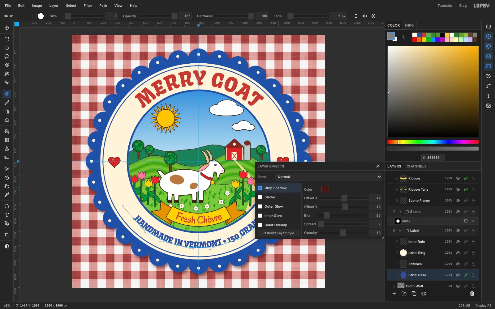 The Drop Shadow effect on Label Base with a dark red colour, Offset X 10, Offset Y 16, Blur 26 and Opacity 50, casting a soft shadow onto the gingham