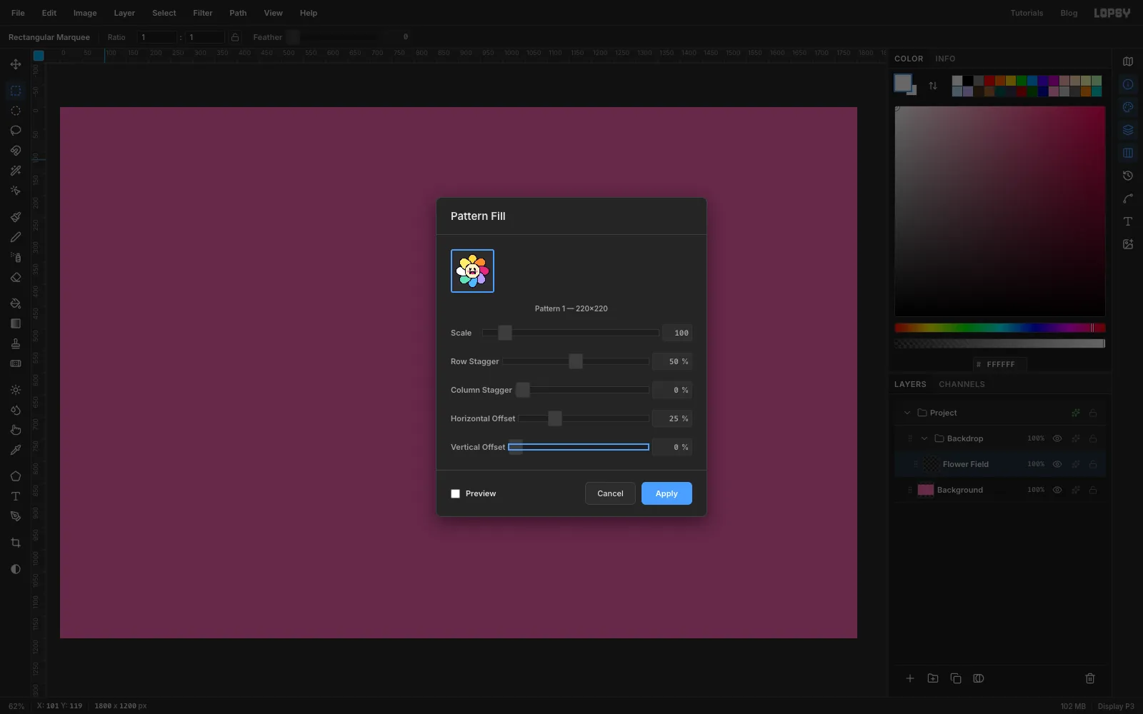 The Pattern Fill dialog over a dimmed canvas, showing the flower tile thumbnail selected, Row Stagger at 50% and Horizontal Offset at 25%