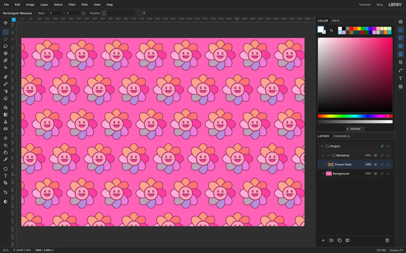 The pink canvas covered edge to edge in staggered rows of smiling flowers, softened to a pastel by lowering the layer opacity