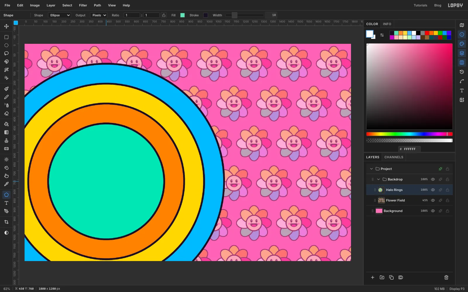 Four concentric circles in sky blue, yellow, orange and mint, each outlined in dark ink, filling the left half of the canvas over the flower wallpaper