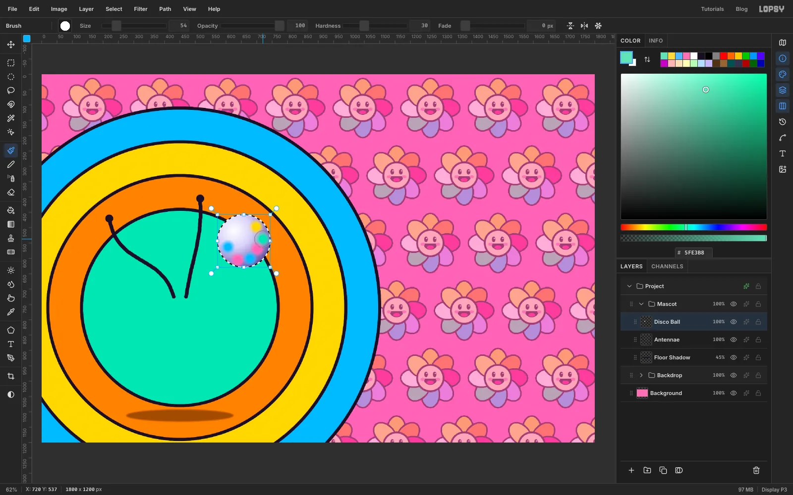 A small circular selection in the upper right of the mint circle, filled with a white-to-violet radial gradient and soft pink, blue, yellow and mint blobs