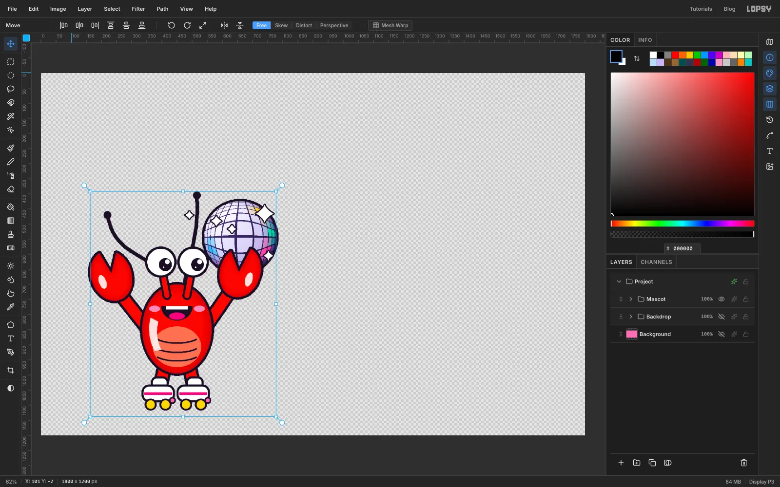 The mascot alone on a transparent checkerboard, with the backdrop group, background and floor shadow hidden, ready for Copy Merged