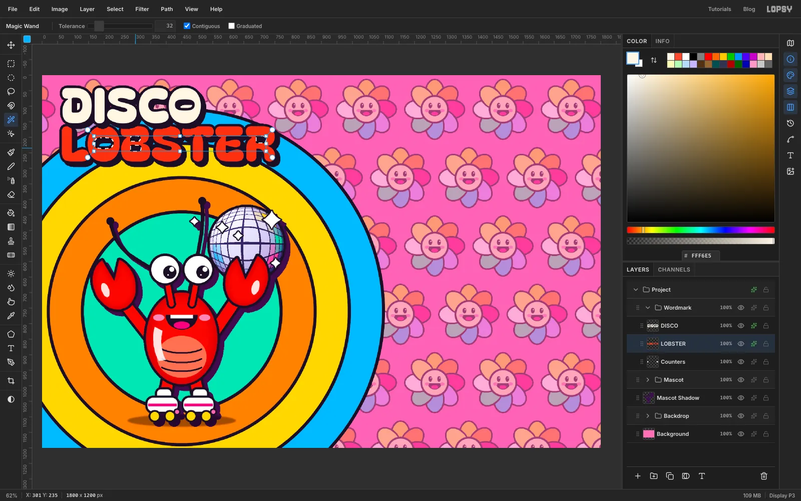 DISCO in cream and LOBSTER in red in heavy rounded capitals at the top left. DISCO's letter holes are already filled with cream, and marching ants surround the holes in the O, the B and the R of LOBSTER