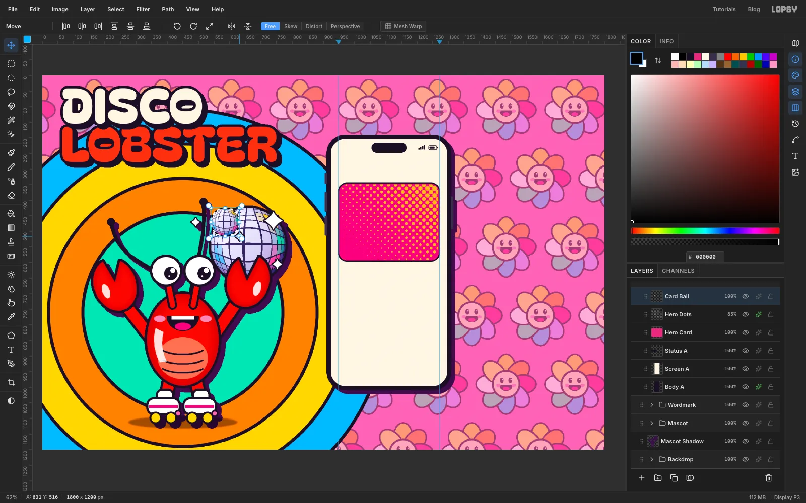 The pasted copy of the mirror ball over the lobster, with the Move tool's transform box being dragged inwards from its bottom-right corner to shrink it