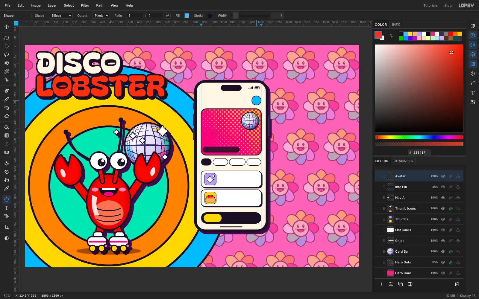 The phone screen with filter chips, two white list cards with hard shadows and coloured thumbnails, a dark pill behind the event line, a blue avatar circle, and a dark tab bar with a yellow Home pill