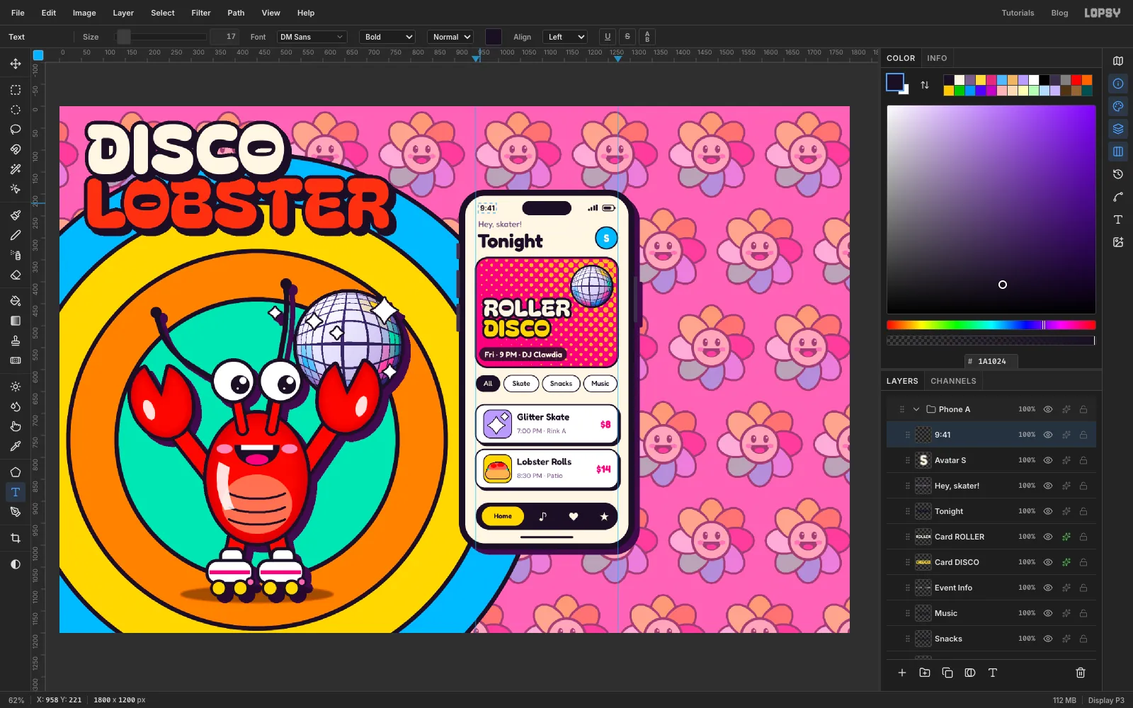 The finished home screen: 9:41 and status icons, Hey skater! above a big Tonight heading, ROLLER DISCO on the dotted card with the event line on its dark pill, chips labelled All, Skate, Snacks and Music, Glitter Skate and Lobster Rolls cards with times and magenta prices, and Home with music, heart and star icons in the tab bar