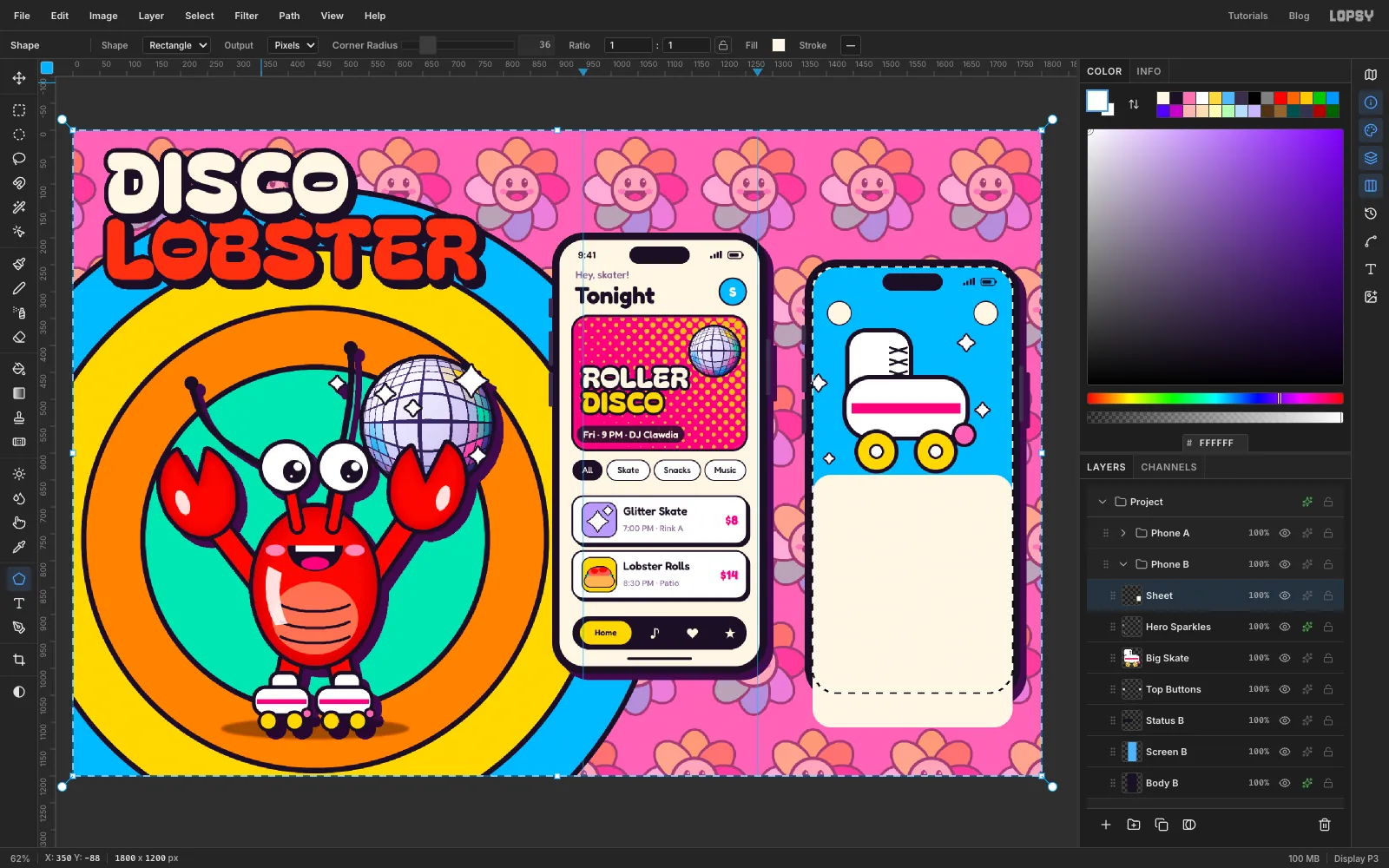 A tall cream panel covering the lower half of the blue screen and hanging off its rounded bottom corners, with marching ants around everything outside the screen