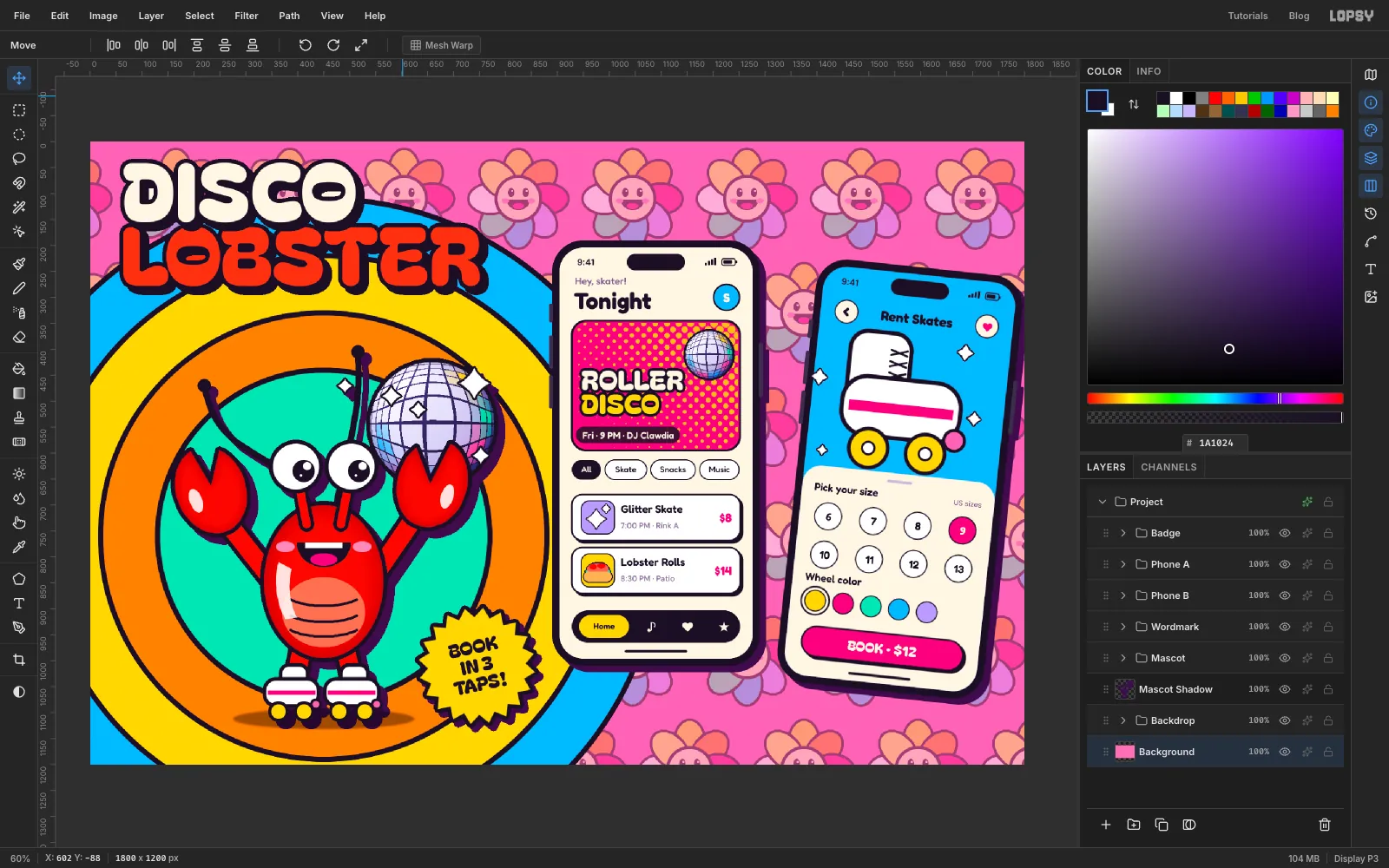 Lopsy at fit-to-screen zoom with guides hidden, showing the whole Disco Lobster board and the Layers panel listing the Badge, Phone A, Phone B, Wordmark and Mascot groups, the Mascot Shadow layer and the Backdrop group
