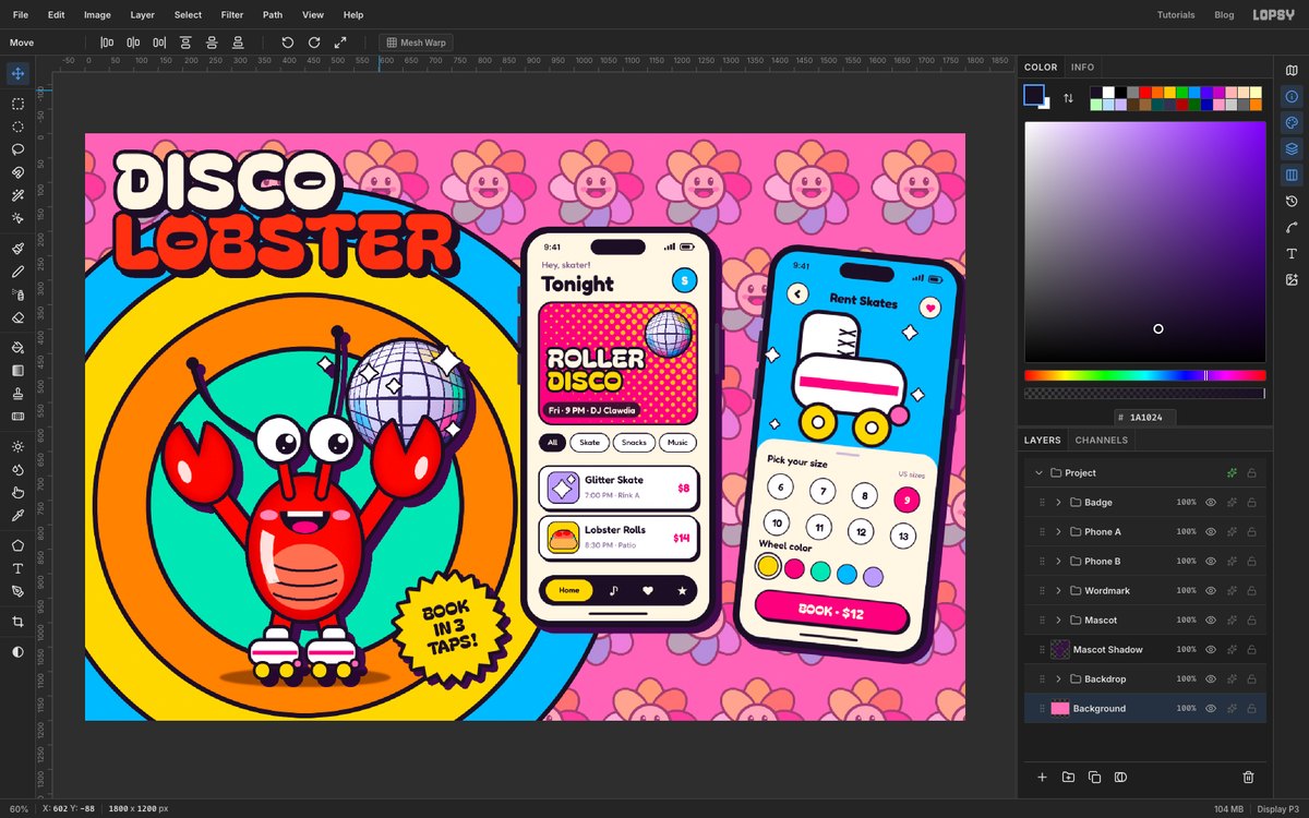 Lopsy at fit-to-screen zoom showing the finished Disco Lobster app mockup, with the DISCO LOBSTER title and a red lobster mascot on roller skates in front of rainbow halo rings on the left, two phone screens on the right, and the Layers panel listing the Badge, Phone A, Phone B, Wordmark, Mascot and Backdrop groups
