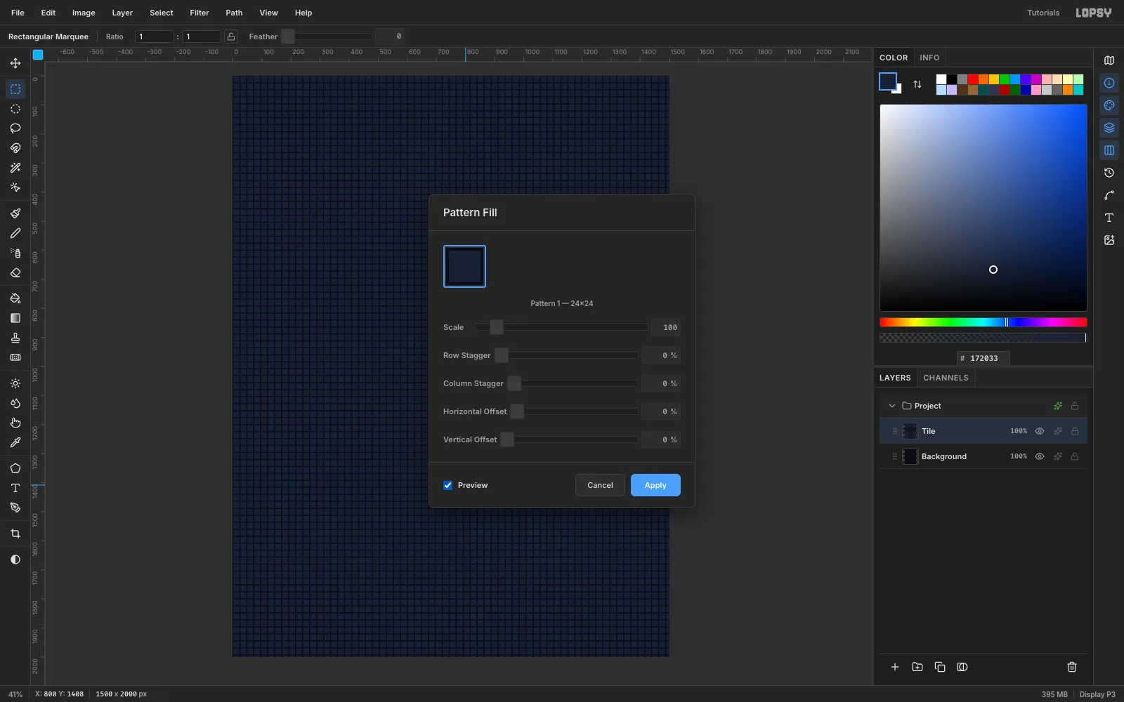 The Pattern Fill dialog previewing a dark blue 24 pixel tile grid across the whole 1500 by 2000 canvas