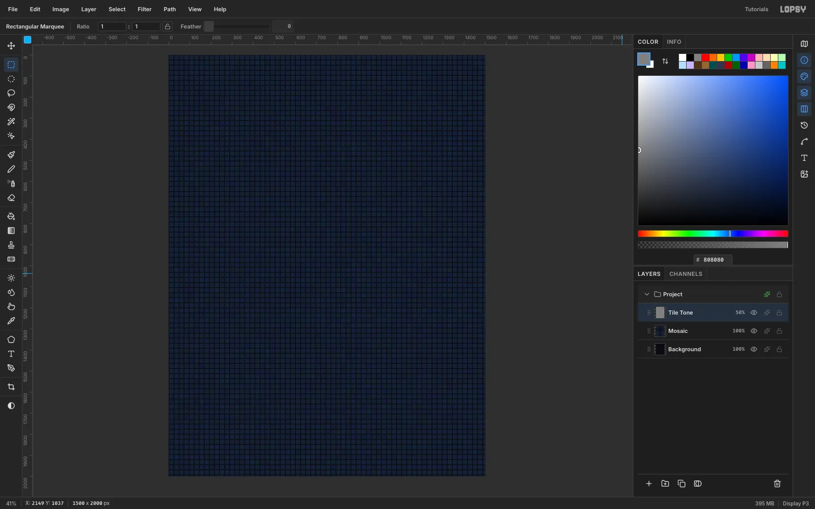 A grey noise layer pixelated into 24 pixel blocks and set to Overlay, so each mosaic tile gets a slightly different colour