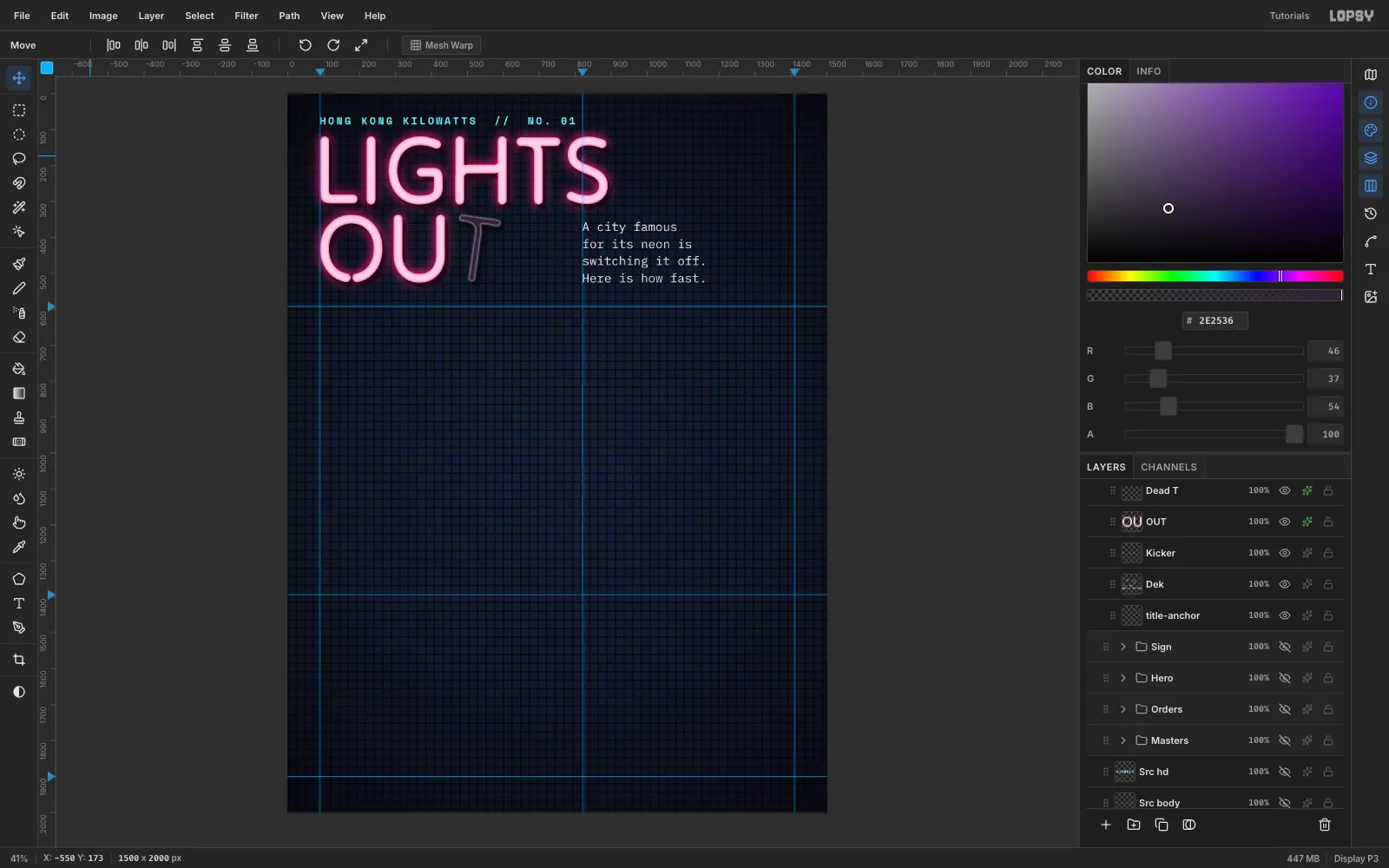 LIGHTS OUT in glowing pink Tilt Neon type with a cyan kicker above it and a four-line intro on the right column